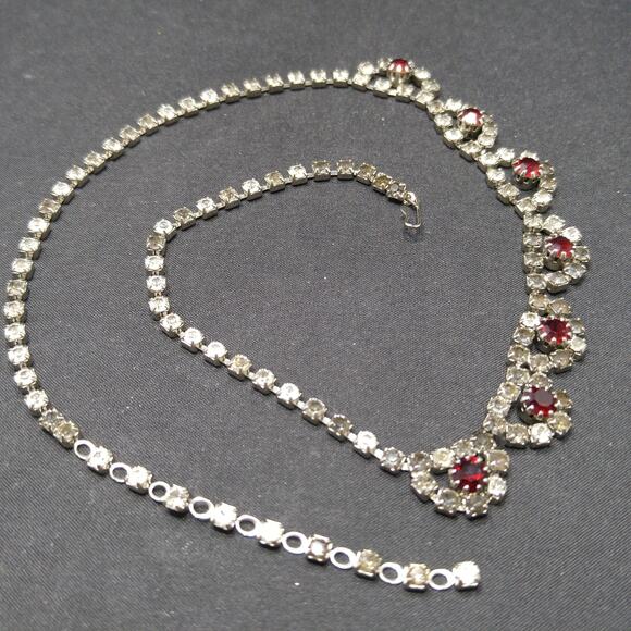 Vintage 1960s Rhinestone Choker Necklace, Rhodium Plated, Red Gray Clear Stones - Picture 9 of 10